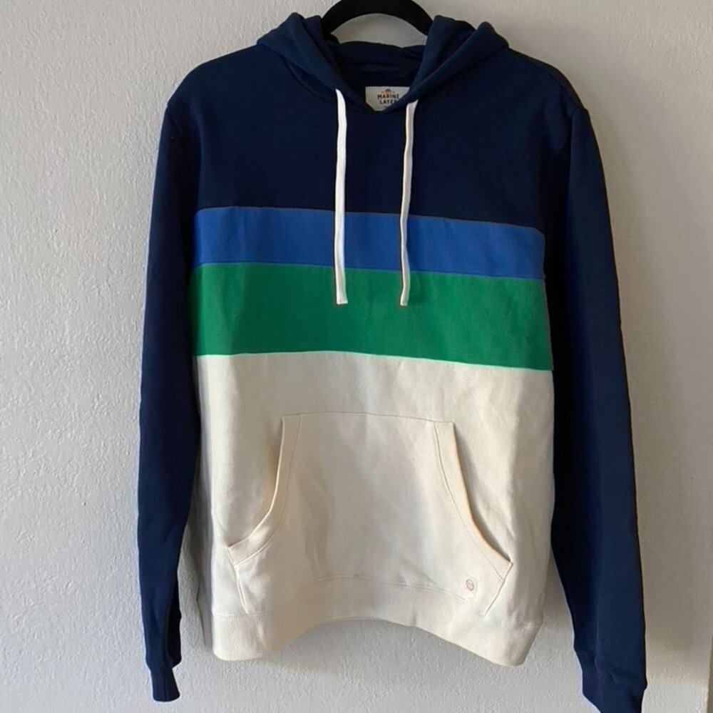 Marine Layer Men's Navy, Cream, Green Stripe Hoodie Size M